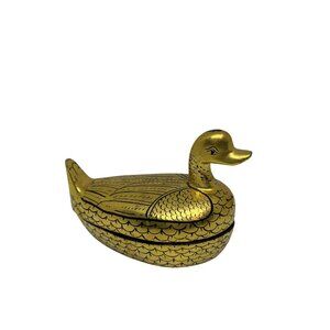 VTG Black Gold Lacquer Duck Trinket Box Goose Burmese Mid-Century Decorative 4"